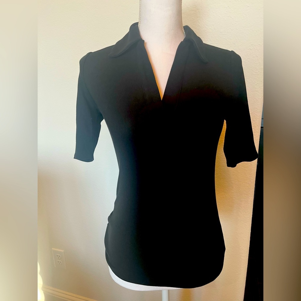 Black Ribbed Knit Collared Shirt
